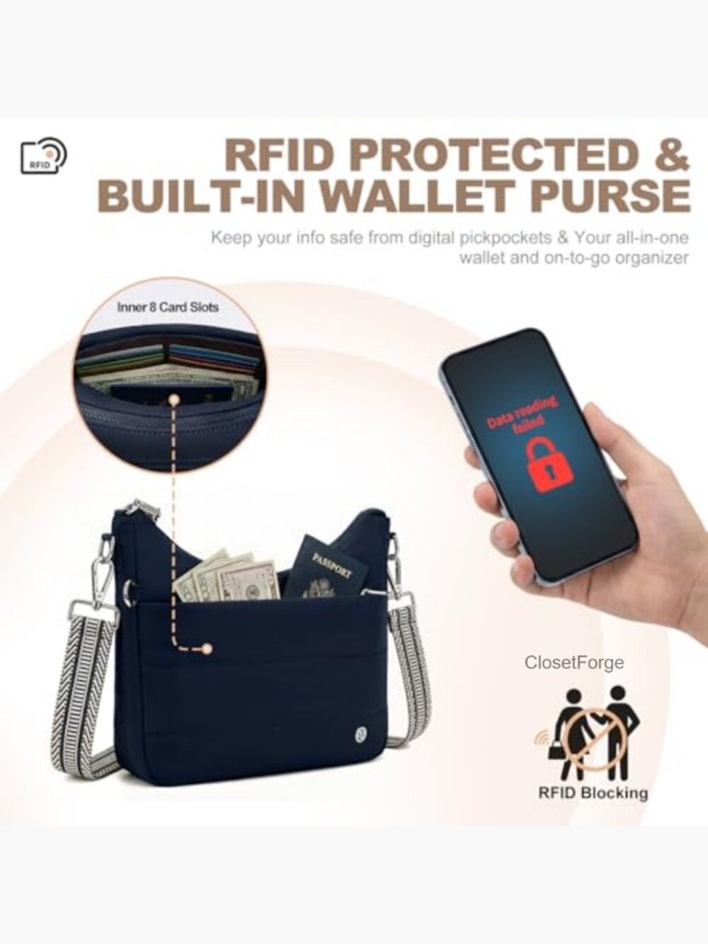 Anti Theft Quilted Hobo Crossbody Bag with RFID Blocking Built-In Wallet - Picture 6 of 7